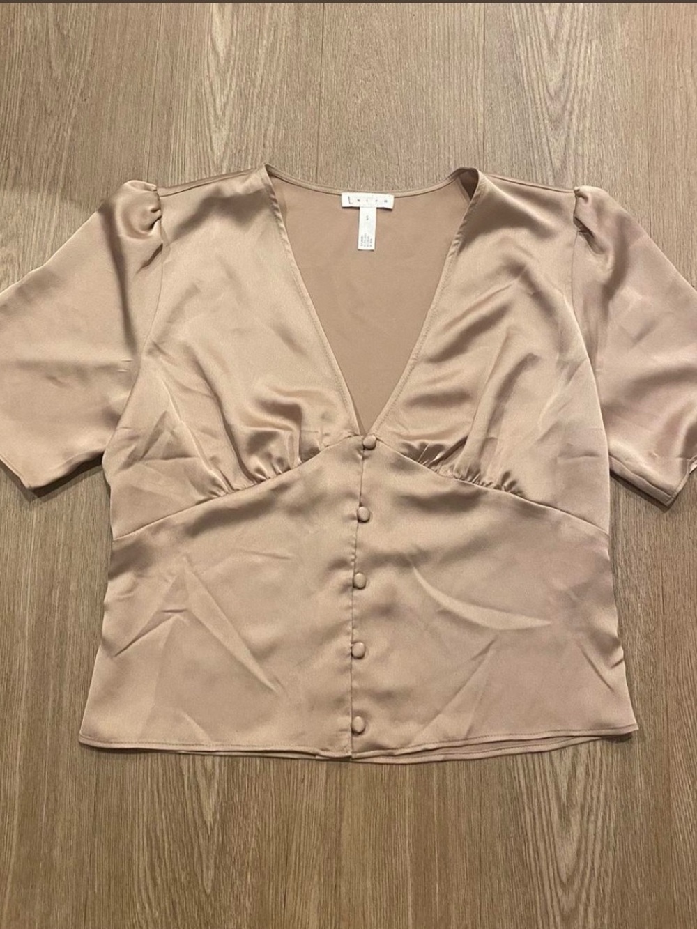 Lulu's Satin Taupe V-Neck Button Front Blouse